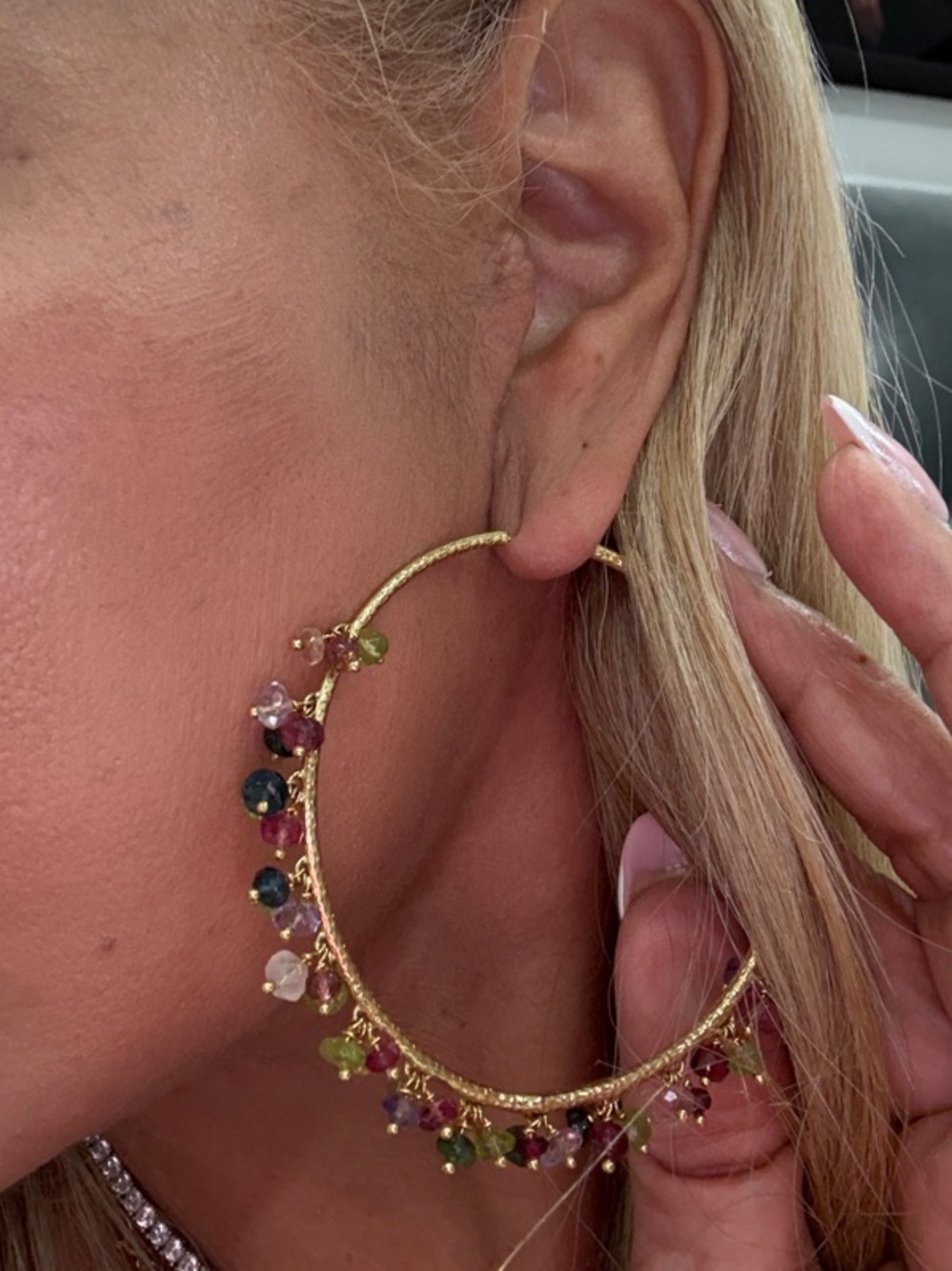 LARGE 18kt Gold Hoop Earrings with dangling tourmaline & peridot drop stones